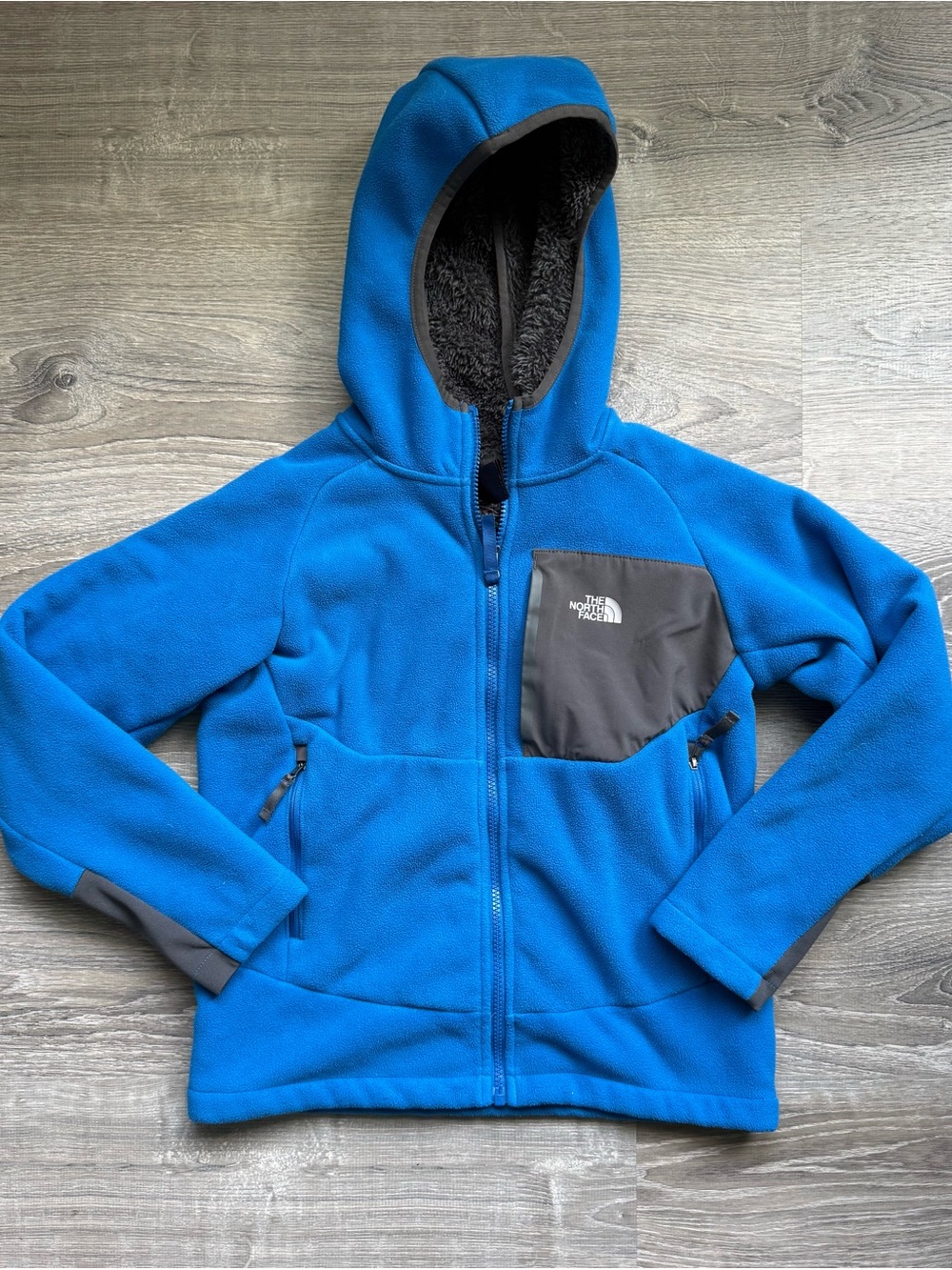 The North Face Kids M(10/12) Bright Blue Hooded Fleece Charcoal Zipped Pockets
